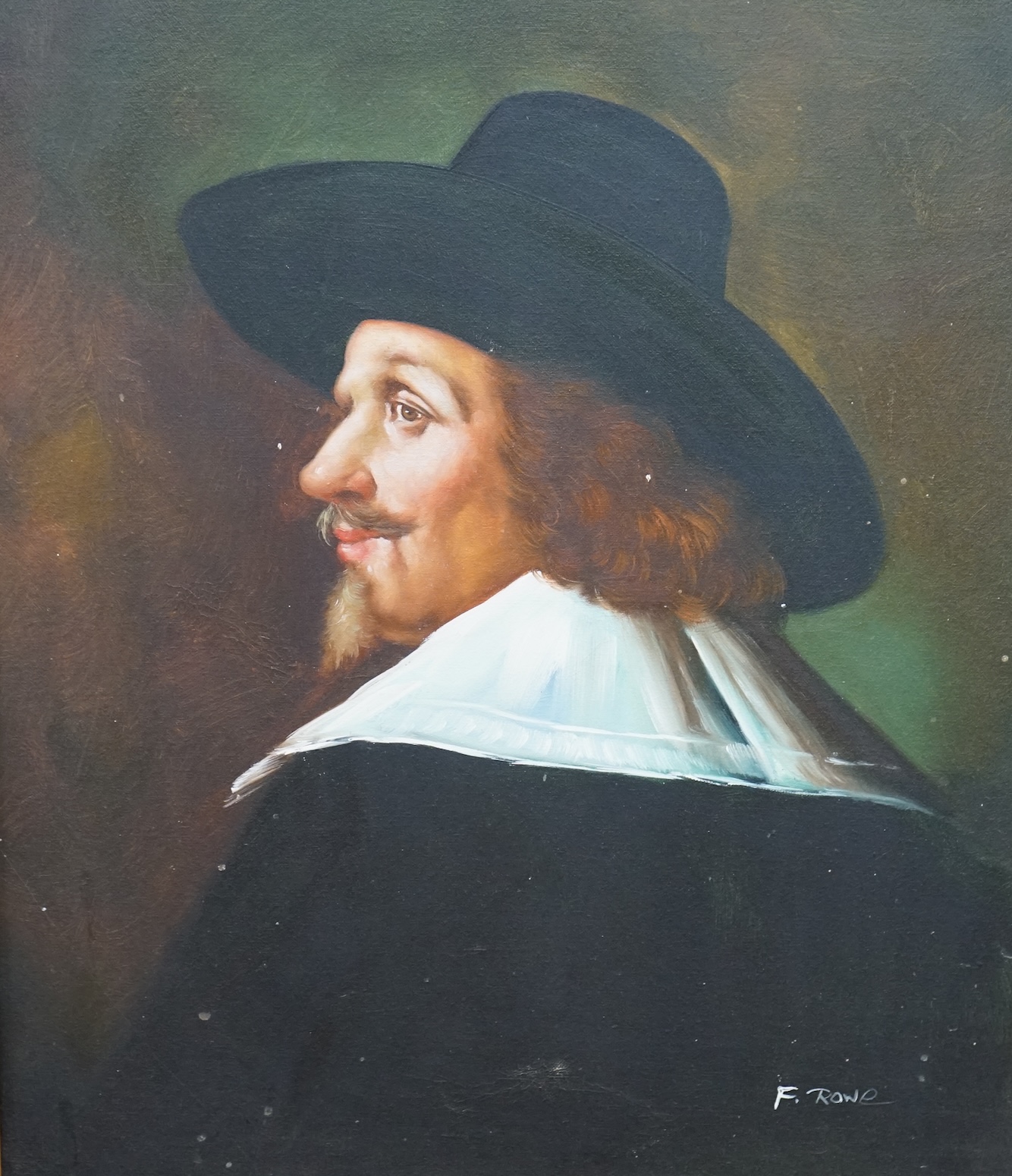 F. Rowe, Decorative oil on canvas, Portrait of a 17th century Dutch gentleman, signed, 59 x 50cm, ornate gilt framed. Condition - fair